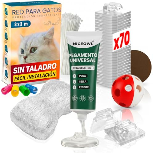 NICEOWL Red para Gatos Terraza Sin Taladro 8x3m Transparente | Protección discreta para balcones y ventanas. Incluye kit completo de fijación con 70 unidades.