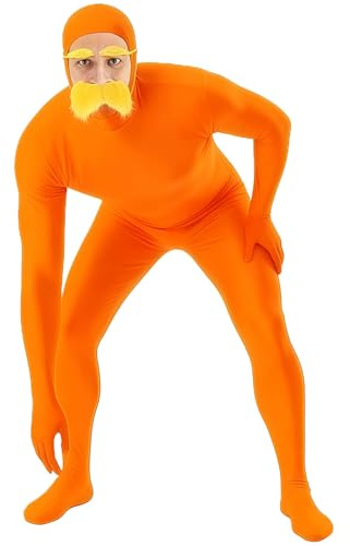 GWAWG Lorax - Disfraz naranja de cuerpo completo para mujeres y hombres, disfraz divertido con bigote, body naranja para carnaval, Fasching, Halloween y fiestas de festivales