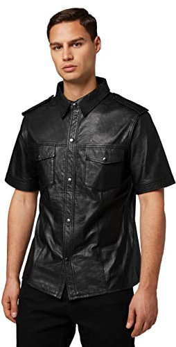 RICANO Mens Shirt SS, Herren Lederhemd, Lamm Nappa Echtleder (schwarz) (M)