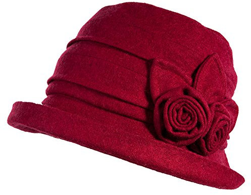 Fancet Ladies Wool Cloche Round Hat 1920s Fedora Bucket Vintage Bowler for Women Burgundy