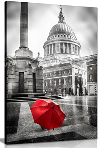 Red Umbrella at St Pauls Cathedral Canvas Wall Art Picture Print (12x8in)