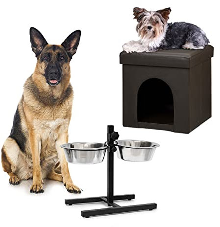 2 TLG Set Home Sweet Hund Deluxe XL, Hundebox braun, Sitzhocker mit Tierhöhle, Doppelnapf höhenverstellbar Futterstation