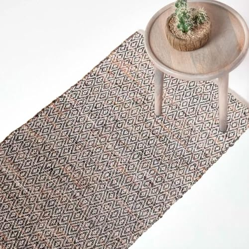 HOMESCAPES Brown Genuine Leather Hall Runner Handwoven Herringbone Design Recycled Eco Friendly Real Leather Rug, 66 x 200 cm