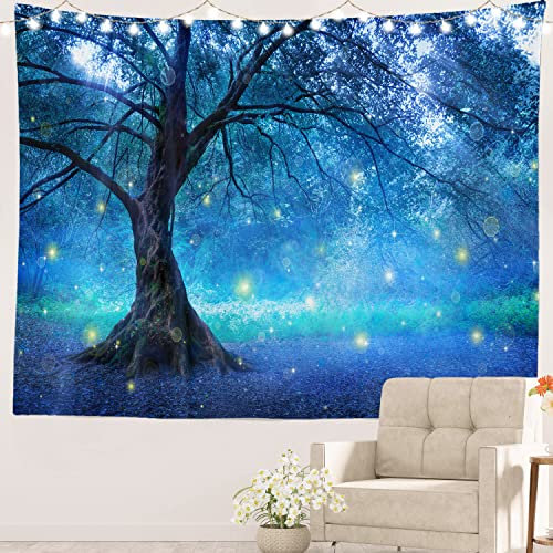 Batmerry Hellblauer Wandteppich, mystische Fantasie, Waldblau, Natur-Picknick-Matte, Strandtuch, Wandkunst, Dekoration für Schlafzimmer, Wohnzimmer, Schlafsaal, 130 x 150 cm, Hellblau