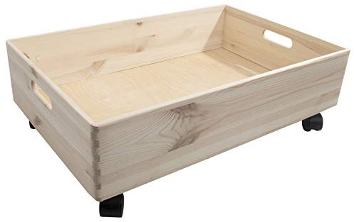 WooDeeDoo Extra-Large Shallow Wooden Storage Crate with Wheels – Low-profile Open-Top Mobile Box for Crafts Toys Underbed Home Office Organisation – Unfinished Natural Wood – 59.5 x 39.5 x 18.5 cm