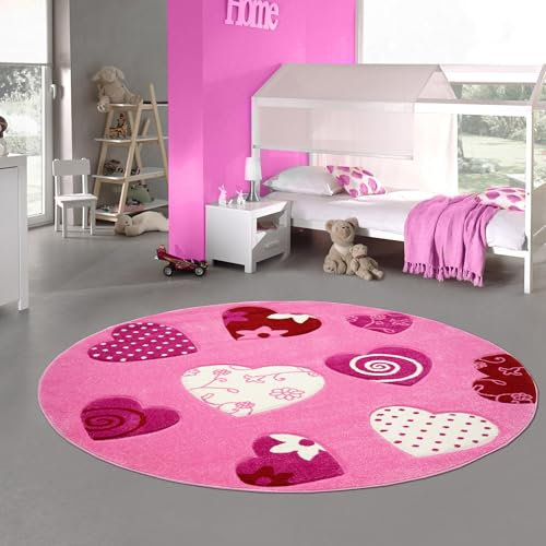 Teppich-Traum Tapis Enfant Tapis Coeurs pépinière Fille en Rose crème Rouge Größe 120 cm Rund