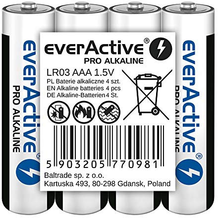 everActive Lot de 4 piles AAA Pro Alkaline Micro LR03 R03 1,5 V Haute performance 10 ans