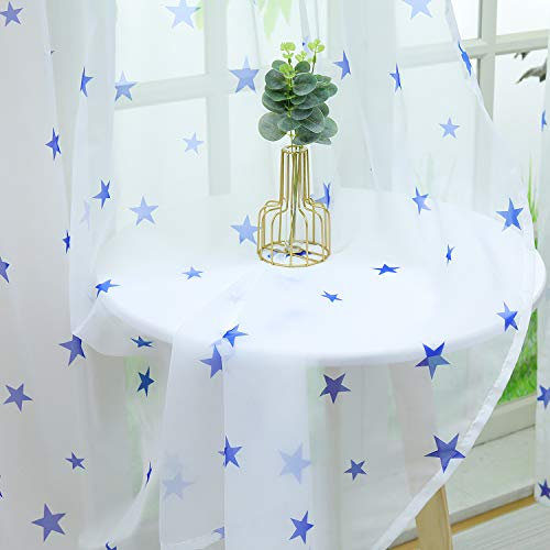 Delien Voile Sheer Vorhänge mit Sterne Druck transparent Gardine mit Kräuselband Fensterschal für Wohnzimmer Schlafzimmer (2 Stück, je HxB 145x140cm), blau