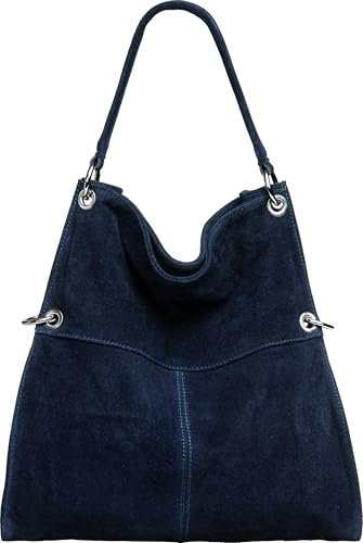 Caspar Große Vintage Leder Schultertasche Damen Handtasche aus weichem Wildleder - PREMIUM LINE - Modell No.805 - Made in Italy, Farbe:dunkelblau, Größe:One Size