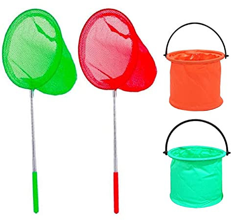 4 Stück Teleskop-Schmetterlingsnetz für Kinder, Fischernetz, Teichnetz, ausziehbar Set with Faltbarer Eimer für Kinder, Fangen von Insekten, kleinen Fischen, Outdoor, Strand, Garten Aktivitäten