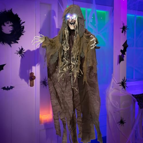 JOYIN 160 cm Halloween hängende Hexe Dekoration, lebensgroße hängende Hexe mit Sound-Aktivierung, leuchtende Augen und gruseligem Klang für Halloween Spukhaus Outdoor/Indoor Dekor