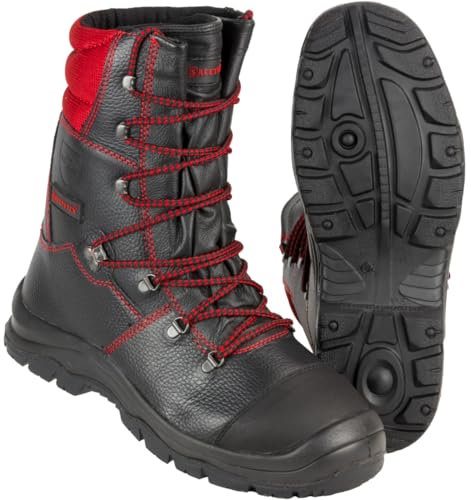 Safetytex Forst-Schnürstiefel - Forststiefel Sägeschutzklasse 1 - Kettensägen Schnittschutzstiefel - Waldarbeiterstiefel Schwarz/Rot - Leder Forst Schnürstiefel - Gr. 42