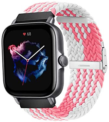 MiRowy 20mm Nylon Cinturino per Amazfit T-Rex 3 Pro 44mm/Active 2/Active/GTR Mini, Cinturino per Amazfit GTS 4/GTS 4 Mini/GTS 3/Bip 3/Bip 3 Pro/Bip/Bip S - Bianco/Rosa