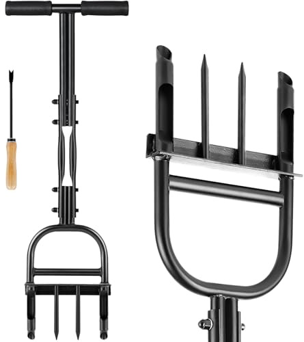 Hermsche Aérateur de pelouse - Aérateurs manuels avec bâton de nettoyage, 2 dents creuses semi-ouvertes et 2 pointes - Outil d'aération de gazon robuste pour sols, cour, jardin
