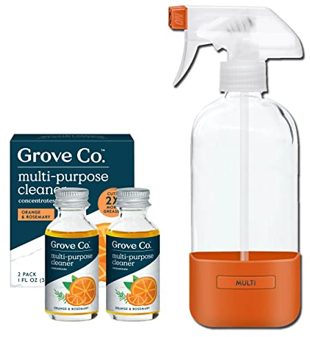 Grove Co. Multi-Purpose Cleaner, Refill Concentrate (2 x 1 Oz) + Glass Spray Bottle (16 Oz), Plant-based Household Cleaning Supplies Bundle, No Plastic Waste, 100% Natural Orange & Rosemary Scent