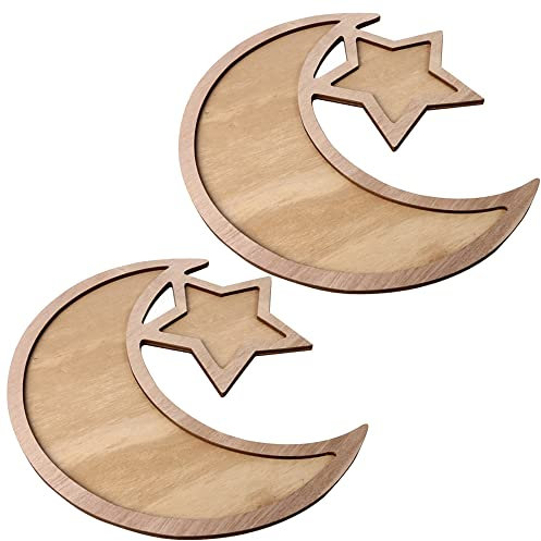 HOVCEH Eid Tray, 2 Stück Ramadan Holz Tablett, Eid Mubarak Tischdeko Teller, Eid Mubarak Geschirr, Ramadan Tablett Mond Stern für Essen Obst Snack Geschirr zum Frühstück Abendessen Dessert