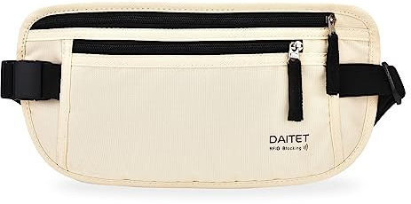 RFID-blockierender Geldgürtel für Männer und Frauen, schlanke Bauchtasche für Reisen, Laufen, verdeckte Taille für Reisepasshalter, Handy, Cremeweiß, RFID Blocking & Belt Wide:1inch