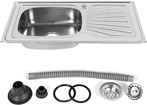 Évier Inox 1 Bac en Acier Inoxydable, Finition Nanotechnologique, Lavabo de Cuisine Brossé avec Égouttoir, 90 * 50 * 15cm