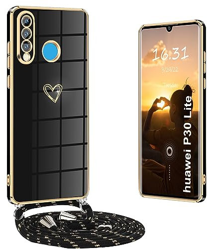 Yutwo Funda para Huawei P30 Lite con Cuerda, Fundas para Huawei P30 Lite con Colgante Patrón de Corazón Carcasa de Cuello Antigolpes Funda para Huawei P30 Lite, Negro