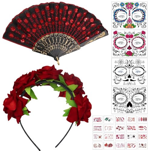 Tag der Toten Haarreif, Halloween Rosen Haarreif, Tag der Toten Stirnband mit Handheld Folding Fan und Halloween Tattoos Gesichtstattoos, Dia de Los Muertos Haarreif, Damen Halloween Haarschmuck