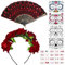 Tag der Toten Haarreif, Halloween Rosen Haarreif, Tag der Toten Stirnband mit Handheld Folding Fan und Halloween Tattoos Gesichtstattoos, Dia de Los Muertos Haarreif, Damen Halloween Haarschmuck