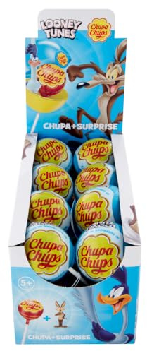 Chupa Chups Surprise Looney Tunes, 16 Lollipop, Gusto Fragola, 10 Sorprese Looney Tunes da Collezionare e Scambiare con i tuoi Amici, Lecca Lecca Monoporzioni, Ottime come Idea Regalo