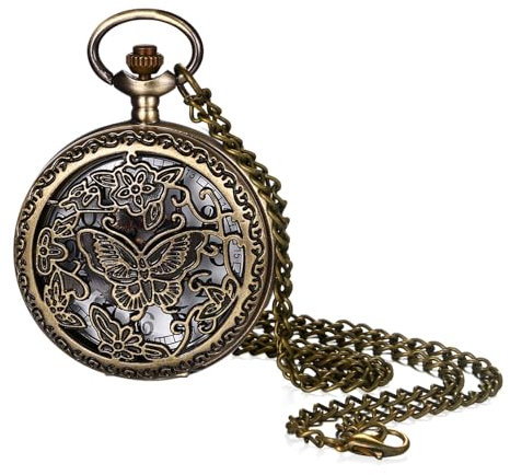 JewelryWe Taschenuhr mit Kette Herren Schmetterling - Vintage Schmetterling Blumen Hohle Openwork Design Taschenuhr Männer Analog Quarz Kettenuhr Antik Uhr mit Halskette Geschenk für Vater Opa Bronze