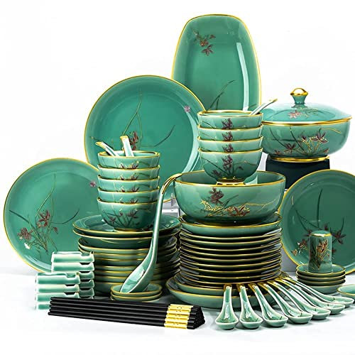 Set di stoviglie in ceramica da 45 pezzi Set di stoviglie in ceramica per piatti in porcellana cinese Set di stoviglie in ceramica per 10, set di stoviglie in gres di lusso verde scuro