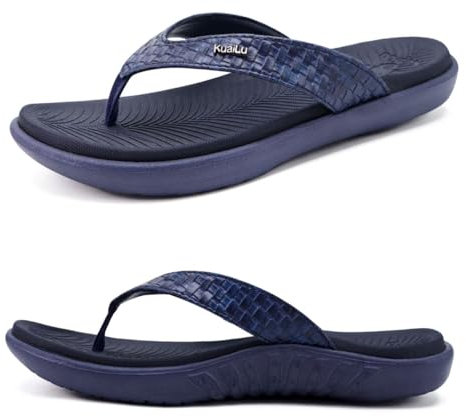 KuaiLu Dunkel Blau Flip Flops Damen Leder Zehentrenner für Sommer Beach Frauen Bequeme Yoga Mat Tanga Sandalen für Plantar Fasciitis Größe 40EU