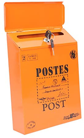 Vintage Briefkasten aus Eisen mit Schloss, Orange, Wandmontage