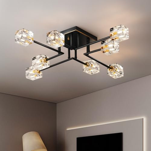 JUJUQI Modern Kristall Deckenleuchte, 8-flammig Kristall Kronleuchter, Deckenlampe designer, Schwarz und Gold Luxus Pendelleuchte für Schlafzimmer Wohnzimmer Küche Esszimmer