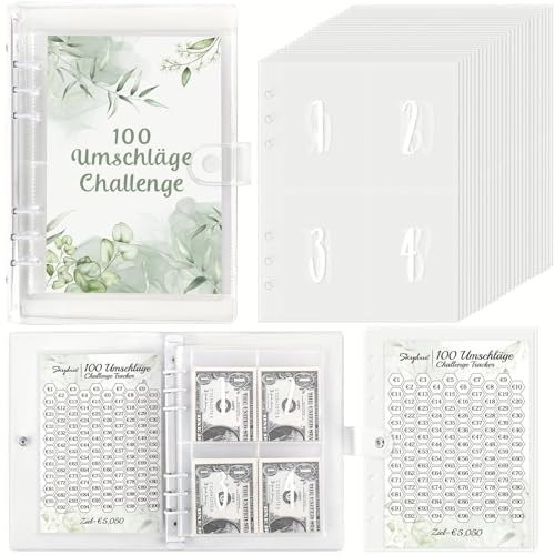 SKYDUE Ringbuch A5, 100 Envelope Saving Challenge Deutsch, A5 Budgetplaner Mit Challenge Tracker & Pre-numbered Taschen, Einfach Und Spielerisch Geld Sparen Challenge, Sparbuch Für Budget Binder Grün