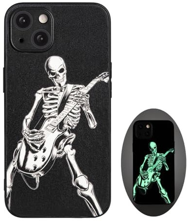 Skull Phone Case for iPhone 15, Skeleton Playing Guitar, Cool Goth Gothic Dark Edgy Emo Luminous Design, Rock n Roll Style, Light Up Glow in The Dark, Leather Finish (iPh 15-Skeleton Playing Guitar)