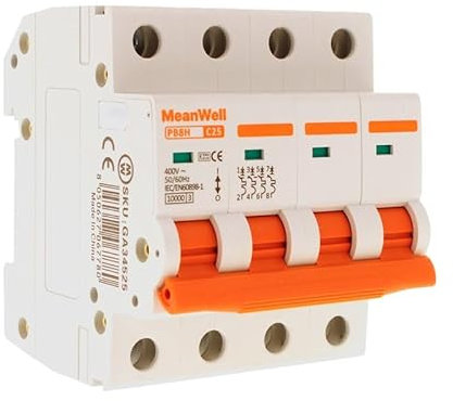 MeanWell Interruptor magnetotérmico trifásico Curvo C, 4P 10000A, 4 módulos DIN, Miniature Circuit Breaker, MCB 4P C25 25A