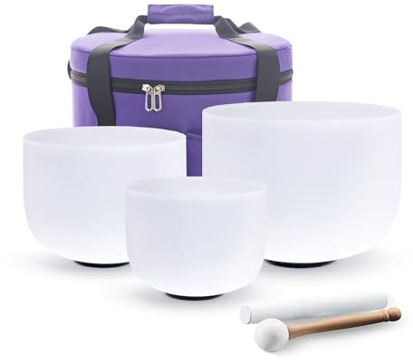Hye-eun Juego de 3 cuencos tibetanos de cristal, 432 Hz, 7 pulgadas, 9 pulgadas, F y 11 D, con bolsa de transporte, mazo para sanación, terapia, meditación, yoga, cristal, juego de 3 unidades
