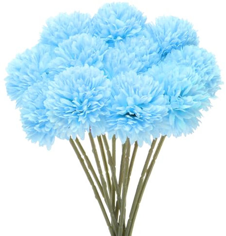 M METERXITY 12-Pack Artificial Chrysanthemum Ball Flowers,11 Inch Faux Chrysanthemum Silk Bouquets Real Touch Faux Flowers for Home/Wedding/Christmas/Party[Light Blue]