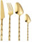 Juego de cubiertos, mango de nudo de bambú de imitación, diseño de cocina, cubiertos de acero inoxidable, vajilla, cubiertos, cuchillo for carne, tenedor, cuchara, cucharadita (dorado, 4 piezas)(Gold,