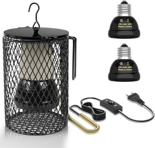 Adiwo Lampe Chauffante Terrarium avec Garde, 50W E27 Lampe Chauffante Reptile avec Cage, Lampe chauffante pour reptiles, Lampe Chauffante Animaux pour tortue, serpent, lézard,caméléon.