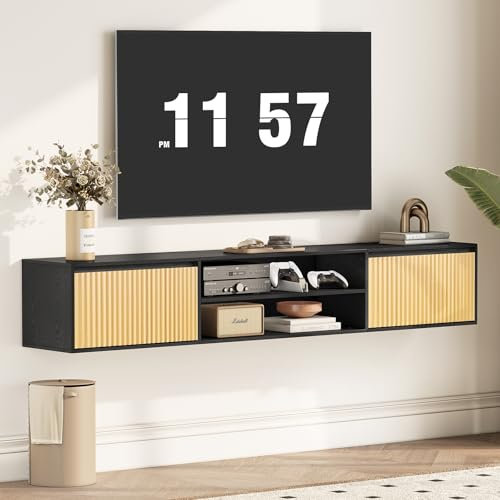 Flycity Lowboard Hängend, Fernsehschrank 180cm, Moderner Fernsehtisch mit 2 Geräuschlosen Türen, Design TV Schrank, Schwebender TV Board aus Holz, Hängeschrank Wohnzimmer, Schwarz