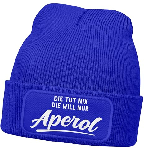 MoonWorks® Damen Beanie mit Patch Strickmütze mit Spruch Lieblingsgetränk Party Aufdruck Lustig Damenmütze Blau Unisize