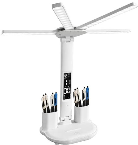 WwuHua LED Schreibtischlampe,4 Swingarm Schreibtischlampen für Kinder, Dimmbare Akku Schreibtischleuchte Kabellos mit Uhr/Stifthalter/Kalender/Temperatur,3 Lichtfarben für Arbeitszimmer, Schlafzimmer