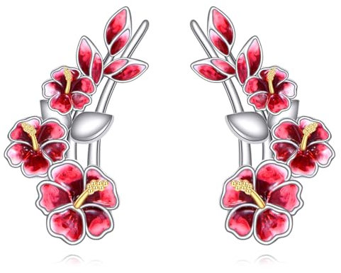 CUPENDA Hibiskus Ohrclimbers Ohrringe Sterling Silber Hibiskus Rote Blume Crawler Ohrringe Hawaii Boho-Schmuck für Frauen