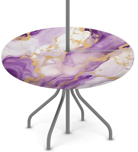 Mexpekil Nappe d'extérieur avec trou de parasol et fermeture éclair – Motif marbre violet doré – Housses de table rondes élastiques ajustées pour terrasse, jardin, 91,4 à 111,8 cm