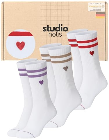 Studio Nolis Tennissocken Herz 3er Set OekoTex100 Baumwolle Herzchen Socken | Crew Socks Damen Stickerei Baumwollsocken