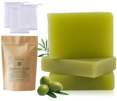 Aleppo Seife Original Lorbeer Seife 3 Stück 90g Alepposeife Olivenöl & Lorbeeröl Olivenölseife Haarseife Gesichtsseife Naturseife Aleppo-Seife Soap Olivenseife Vegan mit Seifenblasenbeutel 3 Stück