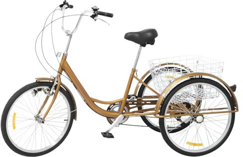 CHERIPOLI 24 Zoll 6-Gang Dreirad für Erwachsene,erwachsenendreirad, Adult Fahrrad, Senioren-Dreirad mit Korb und Licht, 3 Rad großem Shopping und Ausflug (Gold)