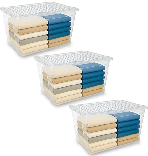 iTrend 80L Clear Storage Box with Lid, Integrated Lock & Handles, Stackable & Nestable, BPA-Free Durable Plastic, Large Capacity for Home, Office, Garage & Outdoor Storage, Pack of 3