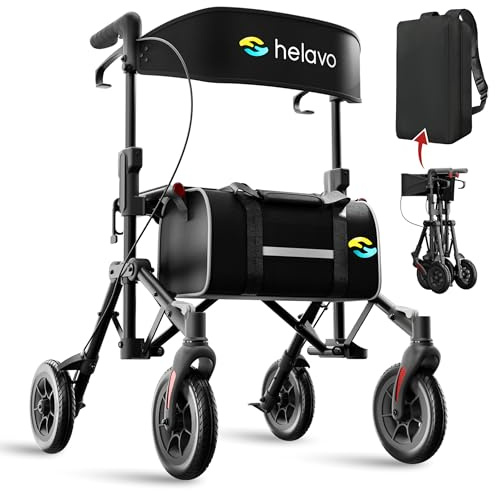 Helavo leichter Reiserollator mit Sitz & platzsparendem Klappmechanismus | Einfacher Transport dank ultrakompakter, doppelter Faltfunktion - Inkl Transportrucksack - Vollständig Aufgebaut - Nur 8,5 kg