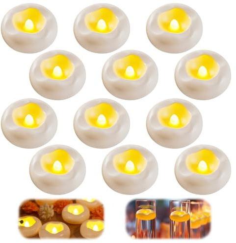 Yuragim 12 Stück Schwimmkerzen Weiss, Schwimmende Kerzen, 200 Stunden Wasserdicht Warmweiße Batteriebetriebene Rauchfreie LED Schwimmende Teekerze Wasserkerzen für Hochzeit,Zylindervasen,Pool,Brunnen