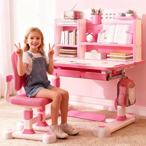 ilkqeppe Schreibtisch Kinder, Kinderschreibtisch Höhenverstellbar, Kinder Schreibtischstuhl mit um 50° Neigbarer Zeichnen Desktop, Sitzkorrektor und Schublade für Schlafzimmer und Arbeitszimmer